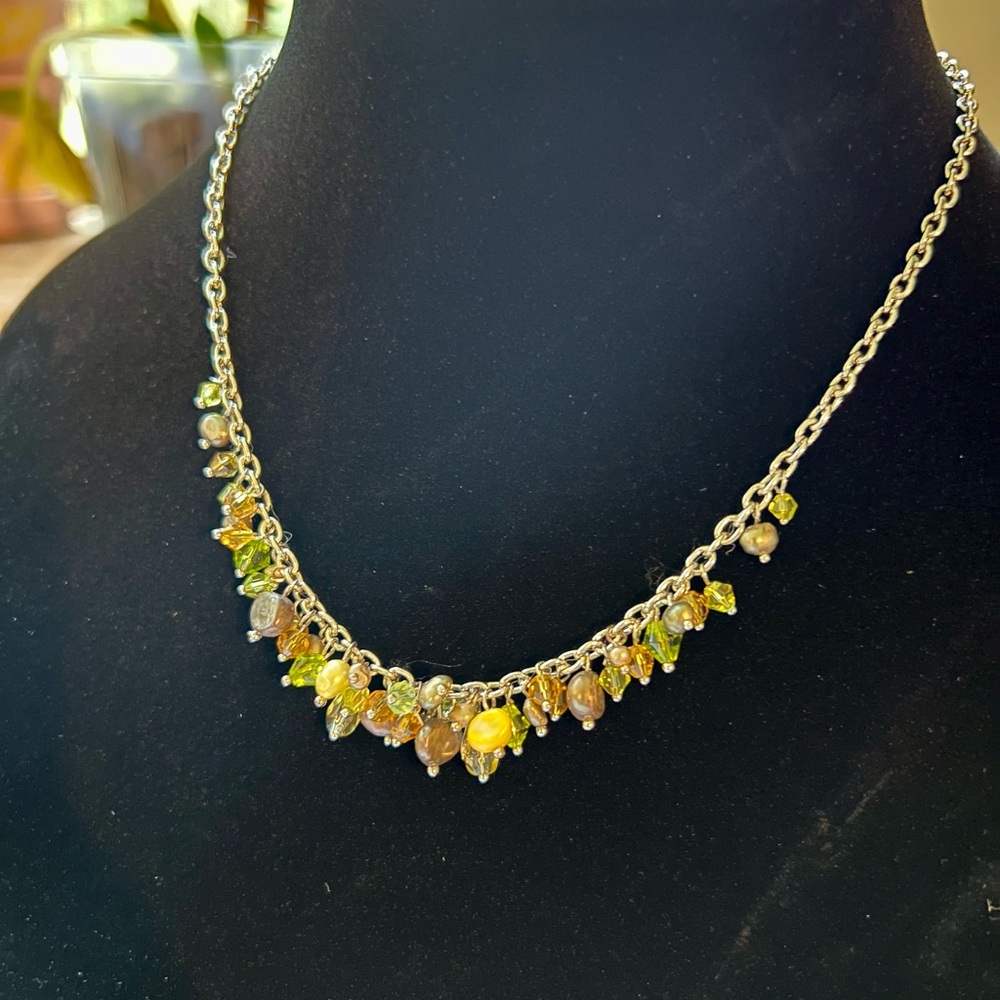 Silver Tone Beaded Cluster Necklace with Pearl Accents - Picture 3 of 9